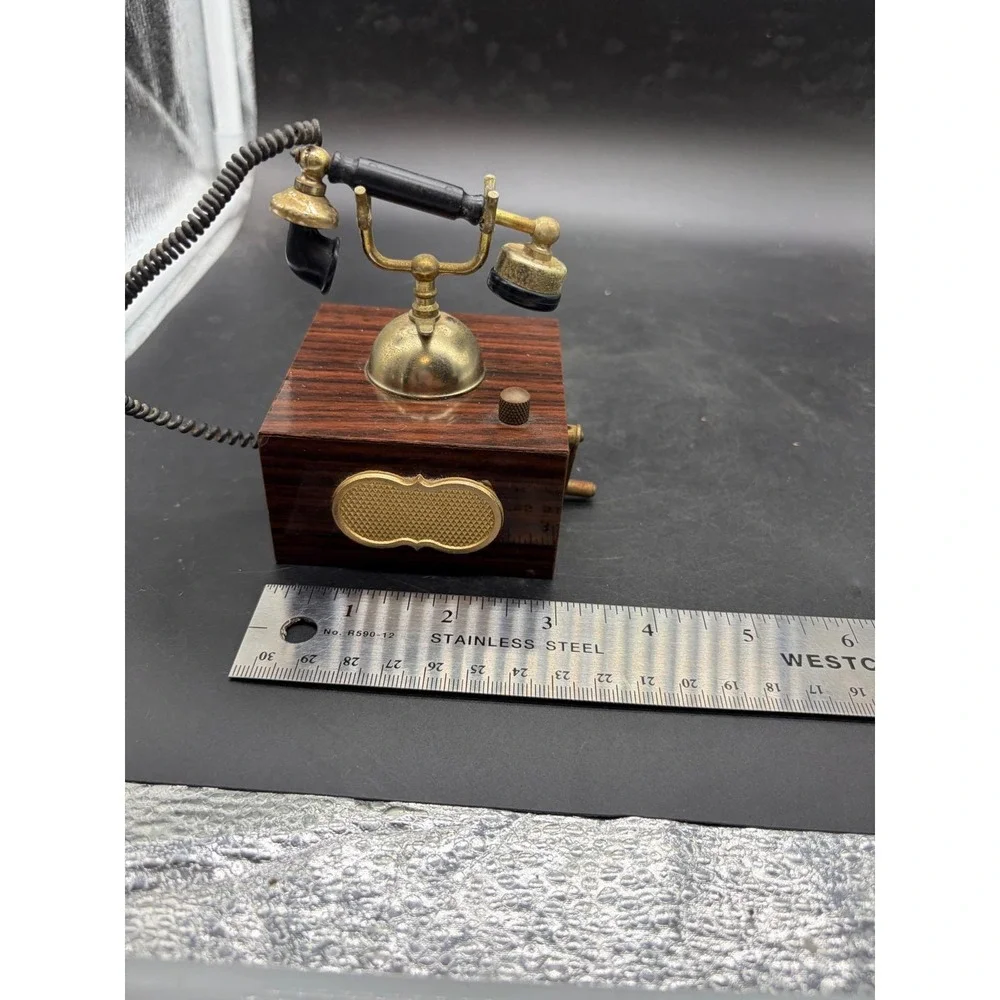 Vintage Miniature Telephone Music Box Antique Style Wood Brass Tone Decor